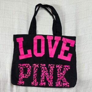 Victoria's Secret PINK Black Pink Y2K Tote Weekender Canvas Beach Bag 21"x17"